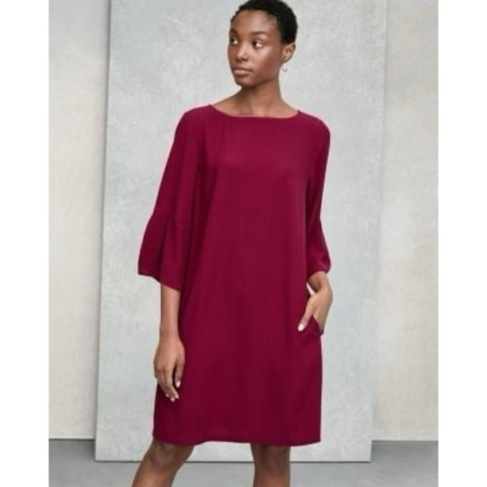 EILEEN FISHER Silk Georgette Crêpe Lantern Sleeve Dress XS Valentines